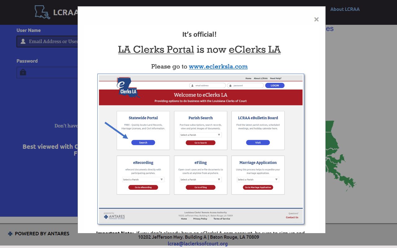 Concordia Parish Clerk of Court LCRAA records search portal