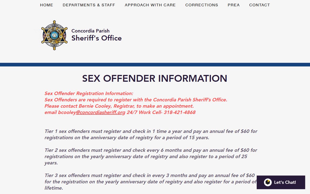 Concordia Parish District Court sheriff sex offender information page