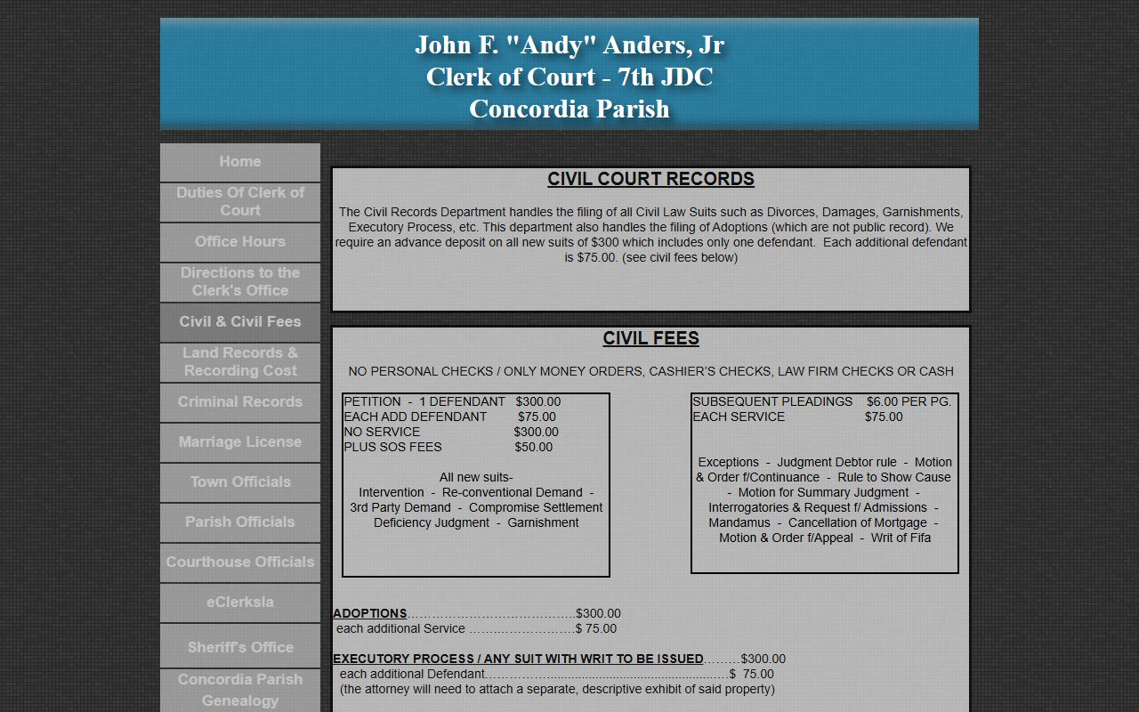 Concordia Parish civil court records and fees