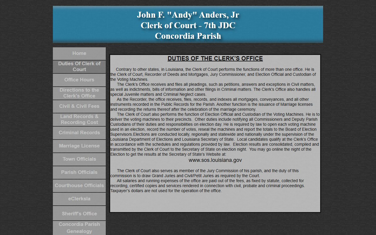 Concordia Parish court records Clerk duties page