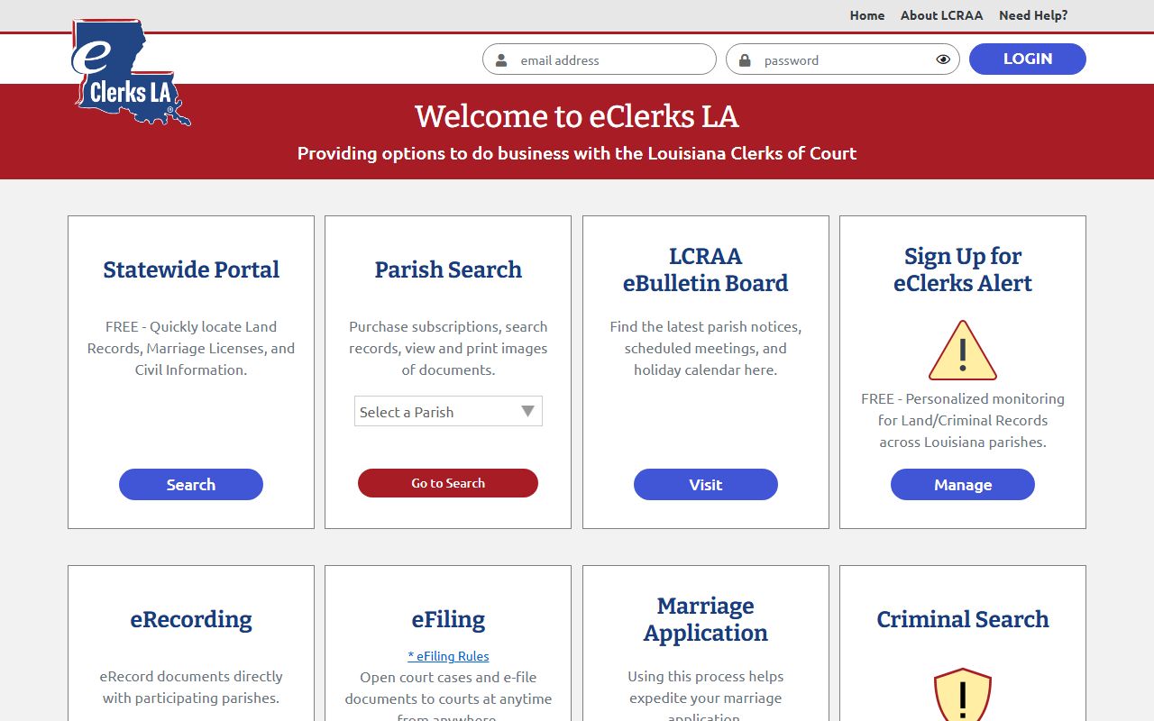 Concordia Parish court records electronic filing access page