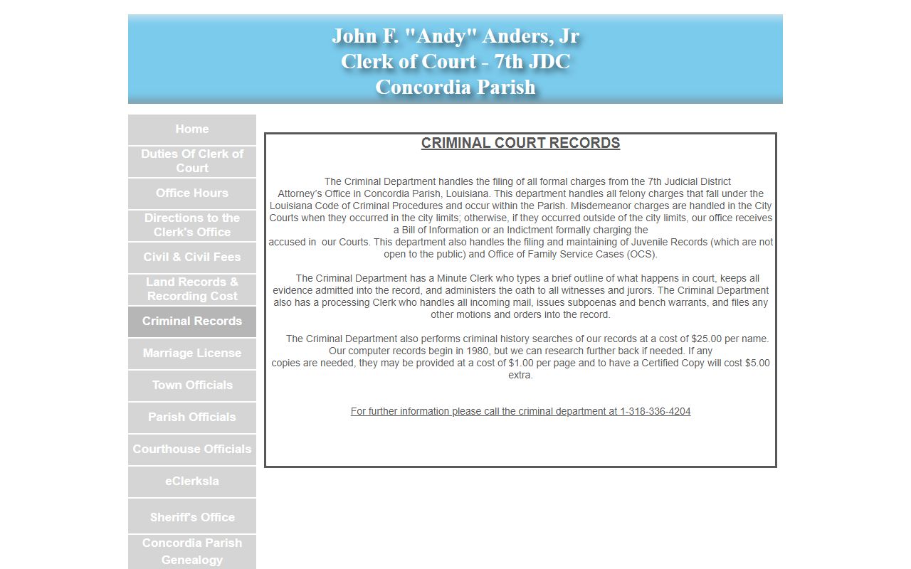 Concordia Parish criminal court records formal charge page