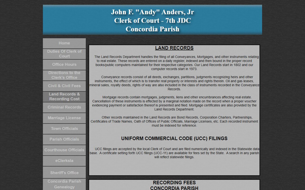 Concordia Parish land and court records recording costs