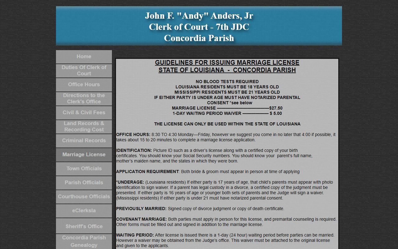 Concordia Parish marriage and divorce records license requirements